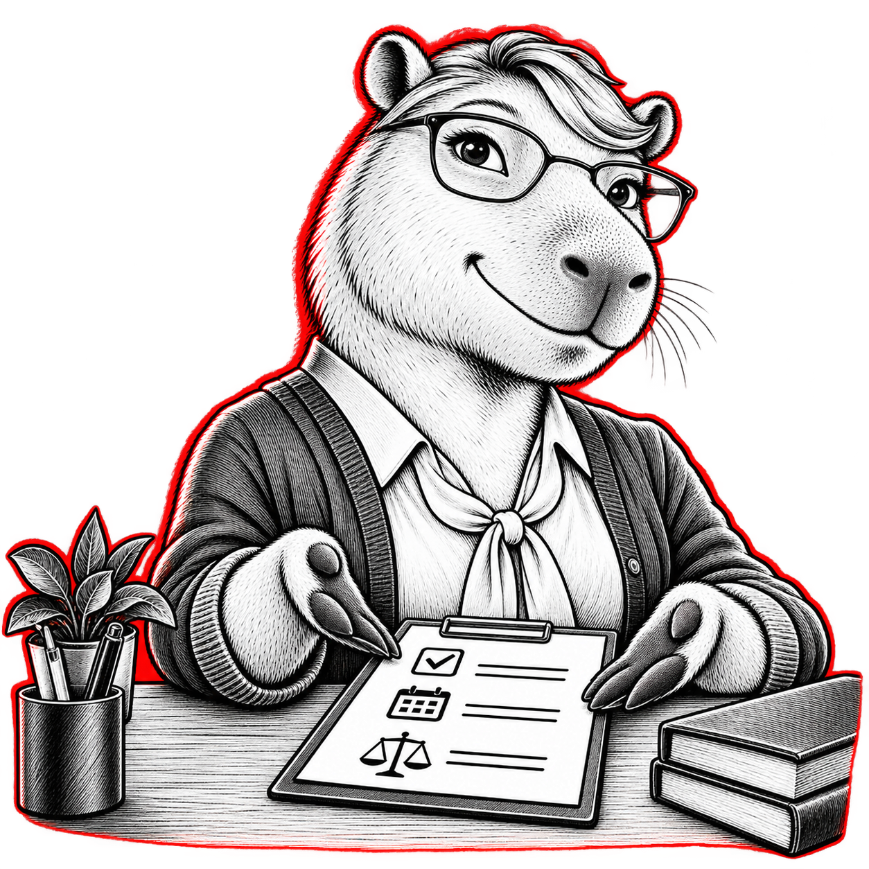 A female REBEL VIP capybara with glasses presenting a shared plan: scope, schedule and fair compensation