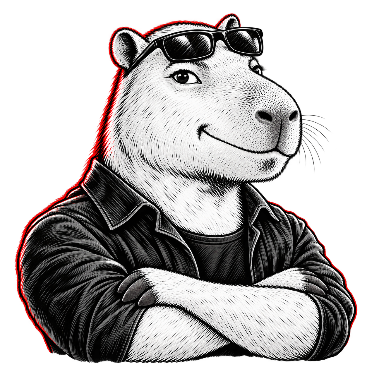 A confident REBEL VIP capybara freelance artist with crossed paws and sunglasses pushed up